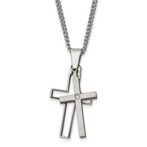 Titanium Brushed and Polished w/.03ct Diamond Cross 22in Necklace