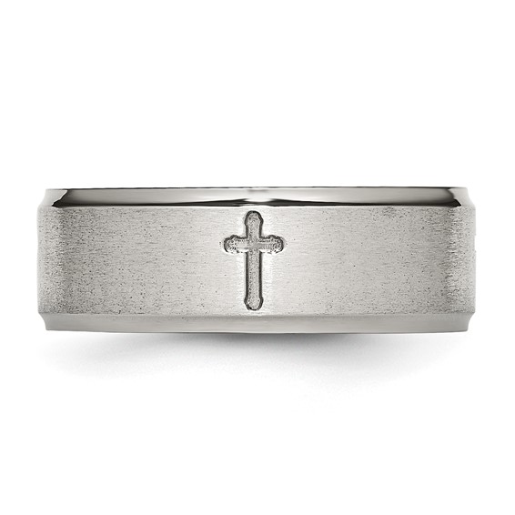 Stainless Steel Brushed and Polished Cross 8mm Ridged Edge Band - Image 2