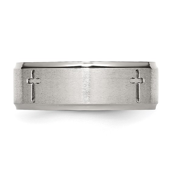 Stainless Steel Brushed and Polished Cross 8mm Ridged Edge Band - Image 6