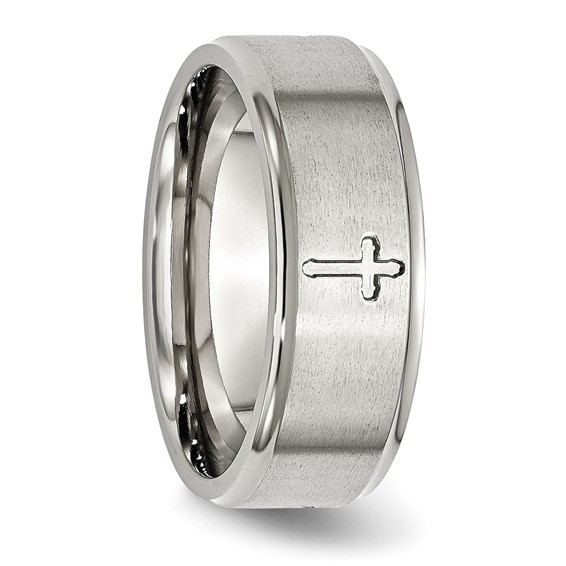 Stainless Steel Brushed and Polished Cross 8mm Ridged Edge Band - Image 3
