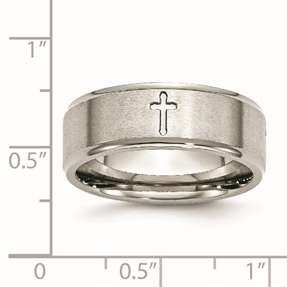 Stainless Steel Brushed and Polished Cross 8mm Ridged Edge Band - Image 5