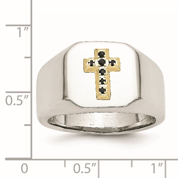 Stainless Steel Polished w/14k Accent 1/15ct Sapphire Cross Signet Ring - Image 7