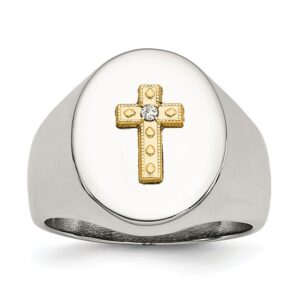 Stainless Steel Polished w/10K Gold Cross and .02ct Diamond Ring
