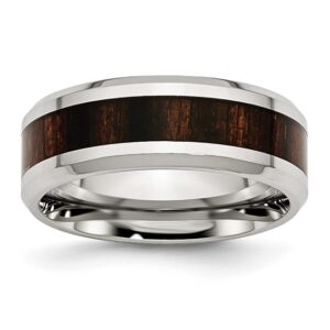 Stainless Steel Polished Black Koa Wood Inlay Enameled 8mm Band