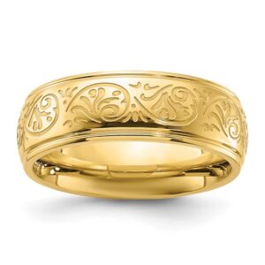 Stainless Steel Polished Yellow IP Etched Design Ridged Edge 7.5mm Band
