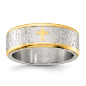Stainless Steel Brushed & Polished Yellow IP Lord's Prayer 8mm Band