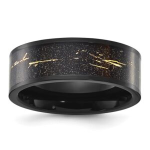 Stainless Steel Polished Black IP-plated Black/Gold Foil Inlay 8mm Band