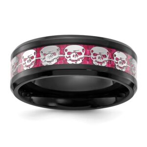 Stainless Steel Black IP-plated Skulls w/ Pink Carbon Fiber Inlay 8mm Band
