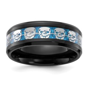 Stainless Steel Black IP-plated Skulls w/Blue Carbon Fiber Inlay 8mm Band