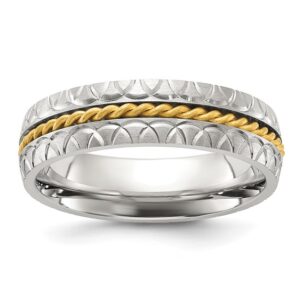 Stainless Steel Brushed, Polished and Textured Yellow IP Center 6mm Band