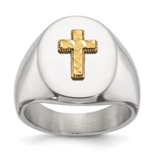 Stainless Steel Polished w/14K Accent D/C Cross Oval Signet Ring