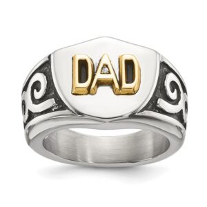 Stainless Steel Polished w/14K Accent .01ct. Dia DAD Black Enamel Shield Ri