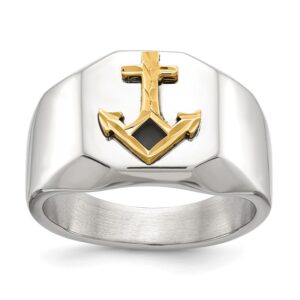 Stainless Steel Polished w/14K Accent D/C Anchor w/Black Enamel Signet Ring