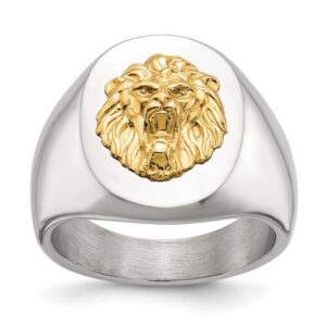 Stainless Steel Polished w/14K Accent Lion Head Signet Ring