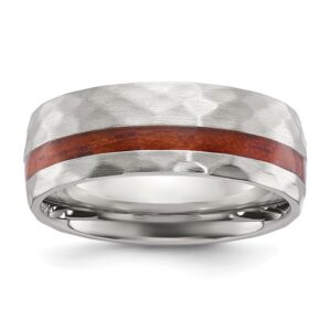 Stainless Steel Brushed and Hammered with Wood Inlay 8mm Band