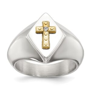 Stainless Steel Polished w/14K Accent and .02ct. Diamond Cross Signet Ring