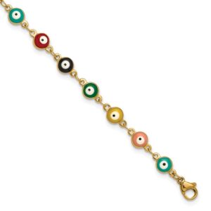 StainlessSteel Polished Yellow IP Paint Inlay Evil Eye 9+1in Anklet
