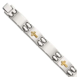Stainless Steel Polished w/14K Accent D/C Cross 8in Link Bracelet