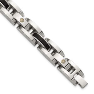 Stainless Steel Polished w/14K White .03ct. Dia & Onyx 8.25in Link Bracelet