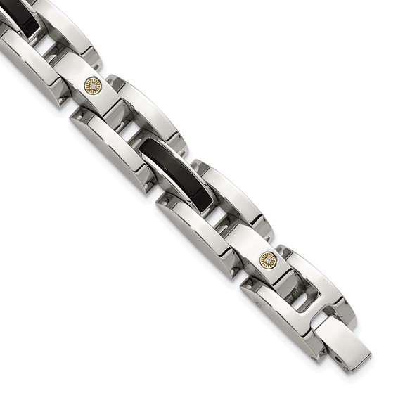 Stainless Steel Polished w/14K White .03ct. Dia & Onyx 8.25in Link Bracelet
