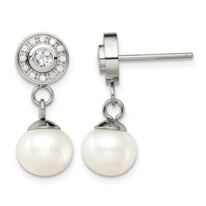 Stainless Steel Polished CZ and FWC Pearl Post Dangle Earrings