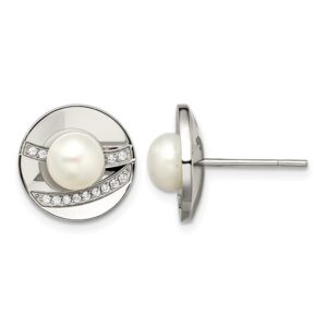 Stainless Steel Polished CZ and FWC Pearl Post Earrings