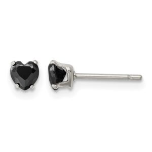 Stainless Steel Polished 4mm Black Heart CZ Stud Post Earrings