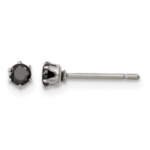 Stainless Steel Polished 3mm Black Round CZ Stud Post Earrings