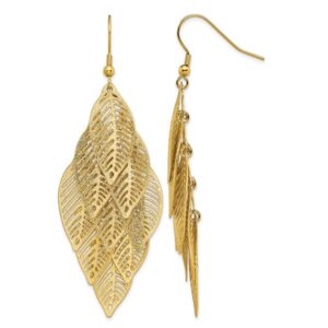 Stainless Steel Polished and Textured Yellow IP Leaves Dangle Earrings
