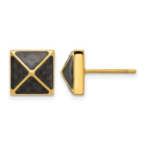Stainless Steel Polished Yellow IP Pyramid Black Carbon Fiber Stud Earrings
