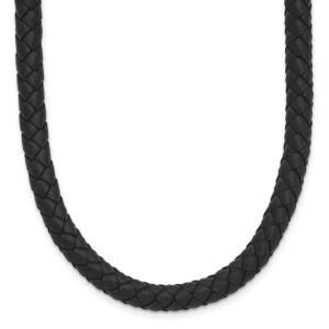 Stainless Steel Polished Woven Black Leather 16.25in Necklace