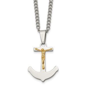 Stainless Steel Polished w/14k Gold Crucifix Anchor 24in Necklace