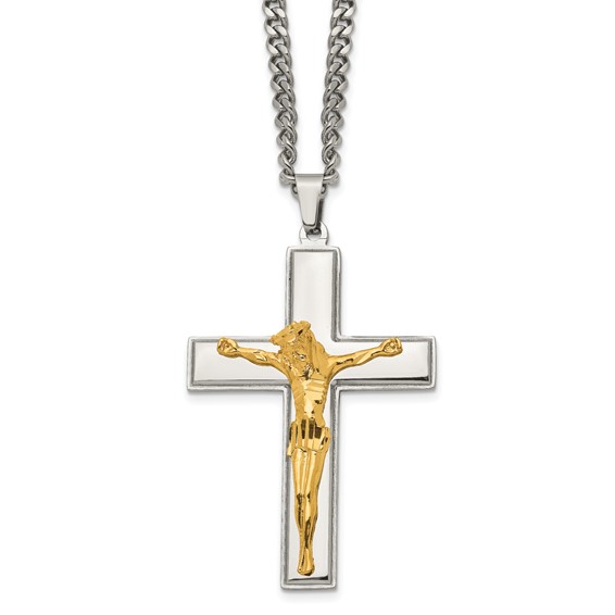 Stainless Steel Polished Yellow IP-plated Crucifix 24in Necklace
