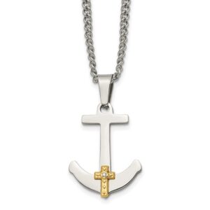 Stainless Steel Polished w/14k Gold Diamond Anchor Mariner Cross Necklace
