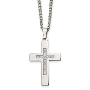 Stainless Steel Polished w/CZ Cross 24in Necklace