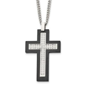 Stainless Steel Brushed and Polished Black IP CZ Cross Necklace