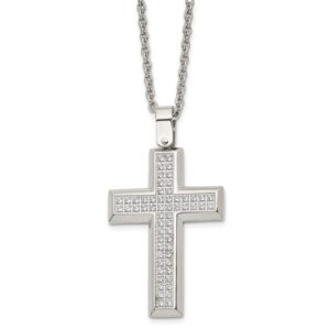 Stainless Steel Polished w/CZ Cross 24in Necklace