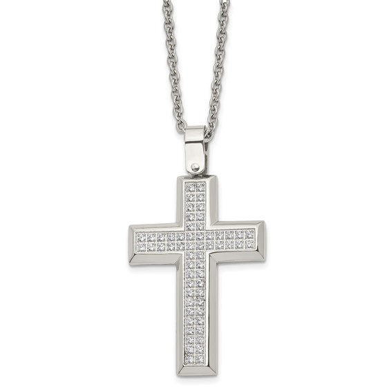 Stainless Steel Polished w/CZ Cross 24in Necklace