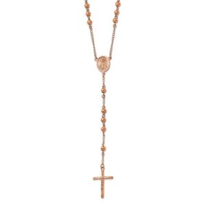 Stainless Steel Polished Rose IP-plated 30in Rosary Necklace