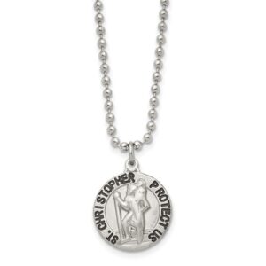 Stainless Steel Brushed and Enameled St. Christopher Medal 22in Necklace