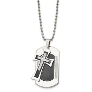 Stainless Steel Brushed & Polished Black IP w/CZ Cross Dog Tag Necklace