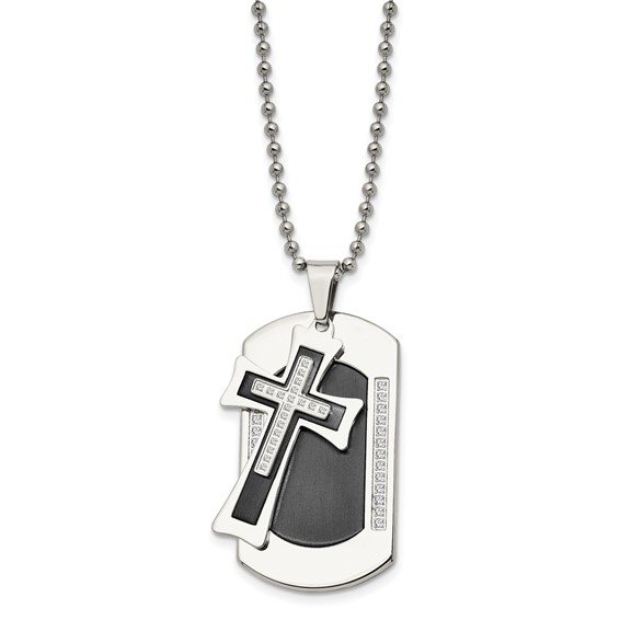 Stainless Steel Brushed & Polished Black IP w/CZ Cross Dog Tag Necklace