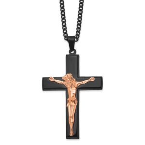 Stainless Steel Polished Black & Rose IP-plated Crucifix 24in Necklace