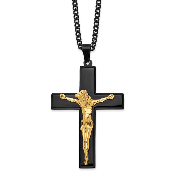 Stainless Steel Polished Black & Yellow IP-plated Crucifix 24in Necklace