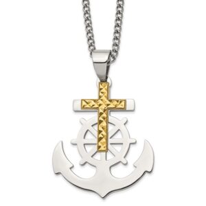 Stainless Steel Polished Yellow IP-plated D/C Cross/Anchor 24in Necklace