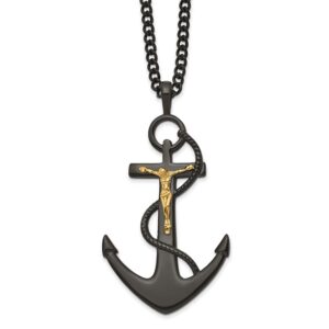 Stainless Steel Polished Black & Yellow IP Crucifix Anchor 24in Necklace