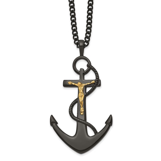 Stainless Steel Polished Black & Yellow IP Crucifix Anchor 24in Necklace