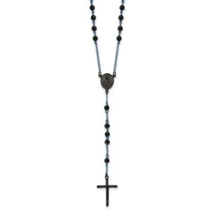 Stainless Steel Polished Black and Blue IP-plated Rosary 30 inch Necklace
