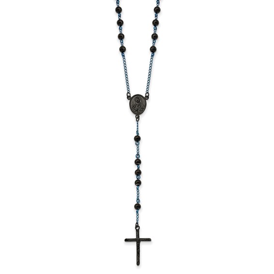 Stainless Steel Polished Black and Blue IP-plated Rosary 30 inch Necklace