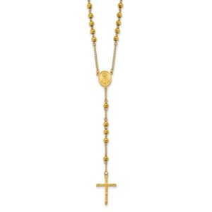 Stainless Steel Polished Yellow IP-plated Beaded Rosary 30 inch Necklace